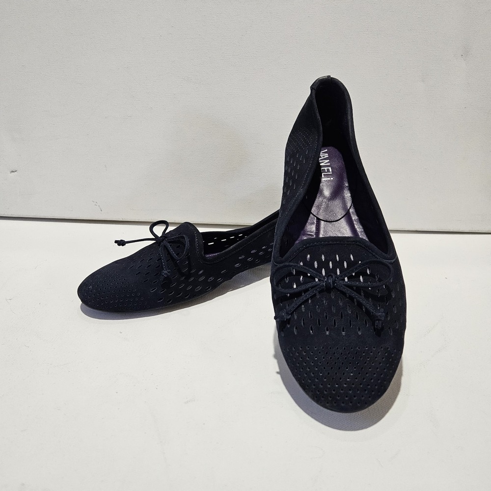 Vaneli Loafers Women 9 M Blue Suede Perforated Laser Cut Bow Flats Dress Shoes